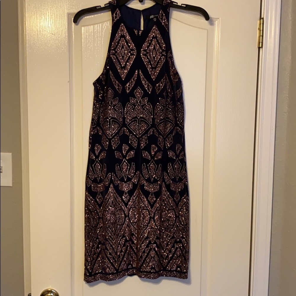 Navy and rose gold cocktail dress